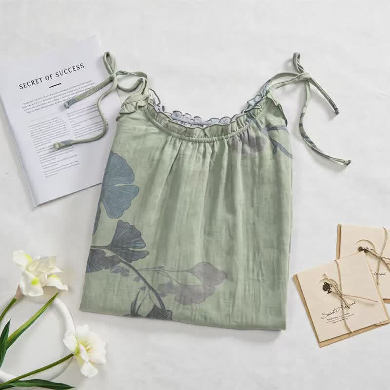 Ginkgo Leaf Tie Strap Cotton Lounge Midi Dress