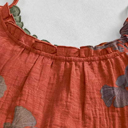 Ginkgo Leaf Tie Strap Cotton Lounge Midi Dress