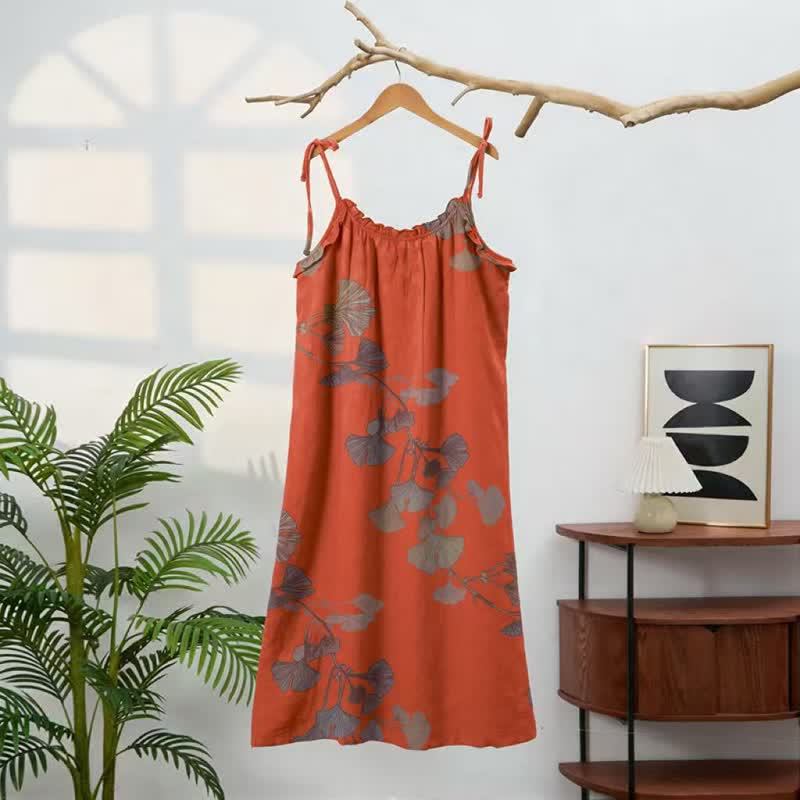 Ginkgo Leaf Tie Strap Cotton Lounge Midi Dress