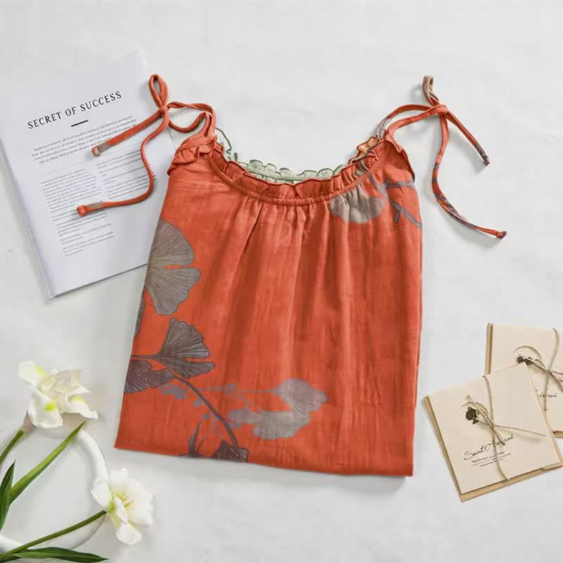 Ginkgo Leaf Tie Strap Cotton Lounge Midi Dress