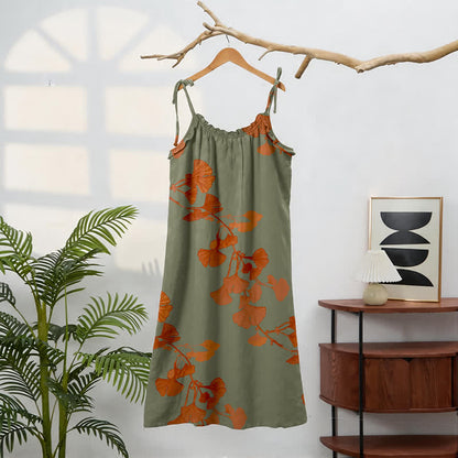 Ginkgo Leaf Tie Strap Cotton Lounge Midi Dress