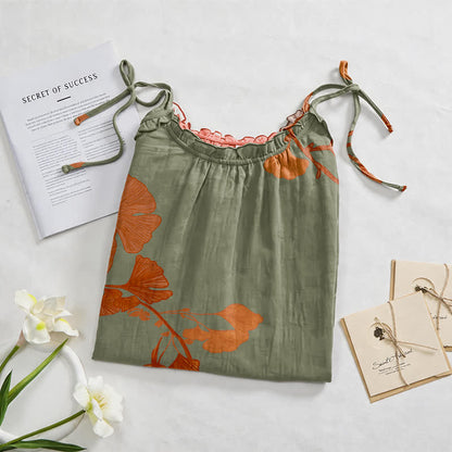 Ginkgo Leaf Tie Strap Cotton Lounge Midi Dress