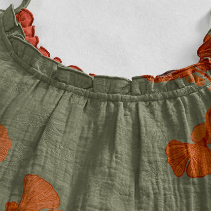 Ginkgo Leaf Tie Strap Cotton Lounge Midi Dress