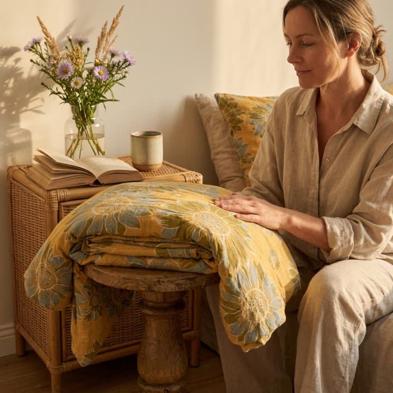 Vintage Sunflower Orange Bedding Set bedding Bedding Set Bedroom Boho Style Botanical Pattern Breathable Cotton Linen Look Decorative Bolster Duvet Cover Set Everyday Use Farmhouse Decor Floral Print Goldenrod Bedding Guest Room Home Decor Natural Fiber Look Nature Inspired newin260715 Soft Touch Vintage Inspired