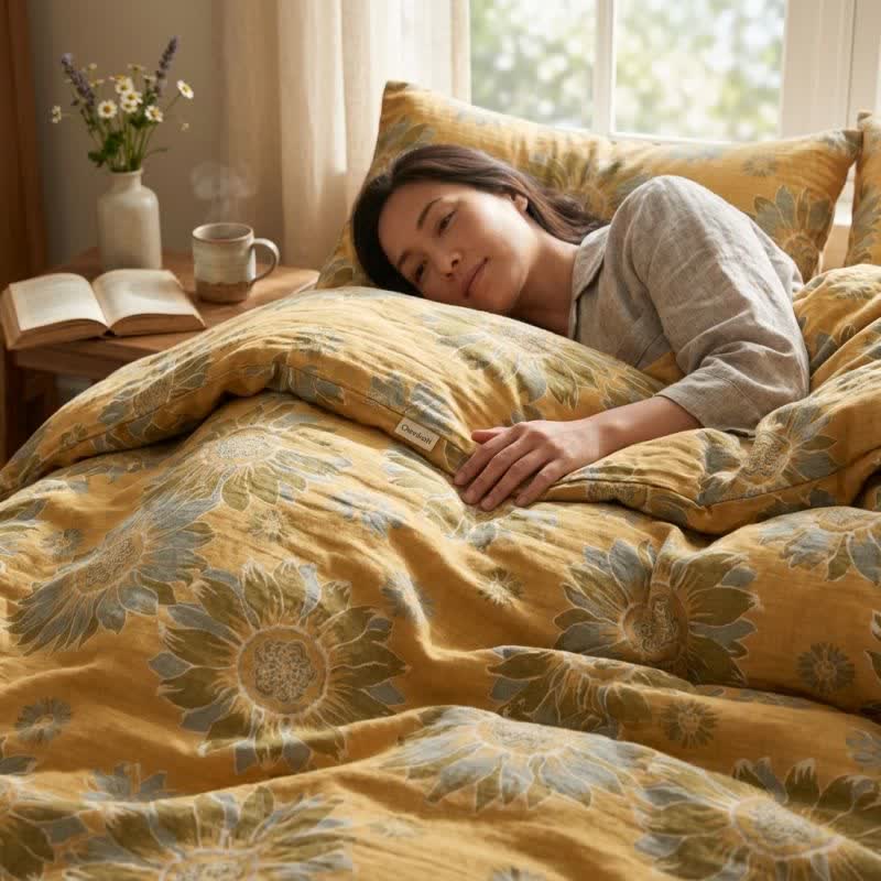 Vintage Sunflower Orange Bedding Set bedding Bedding Set Bedroom Boho Style Botanical Pattern Breathable Cotton Linen Look Decorative Bolster Duvet Cover Set Everyday Use Farmhouse Decor Floral Print Goldenrod Bedding Guest Room Home Decor Natural Fiber Look Nature Inspired newin260715 Soft Touch Vintage Inspired