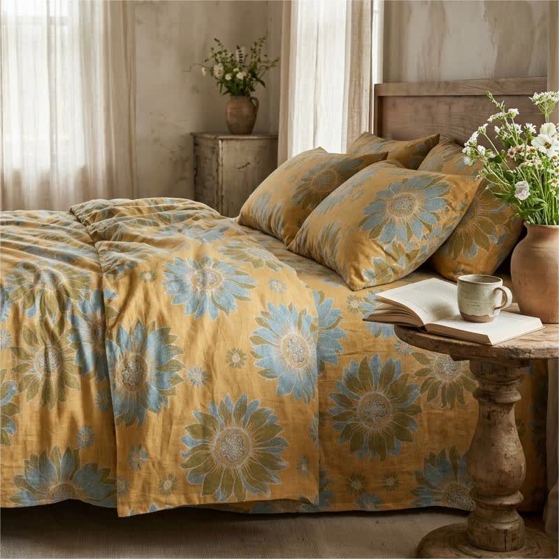 Vintage Sunflower Orange Bedding Set bedding Bedding Set Bedroom Boho Style Botanical Pattern Breathable Cotton Linen Look Decorative Bolster Duvet Cover Set Everyday Use Farmhouse Decor Floral Print Goldenrod Bedding Guest Room Home Decor Natural Fiber Look Nature Inspired newin260715 Soft Touch Vintage Inspired