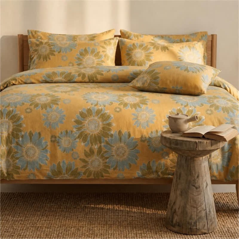Vintage Sunflower Orange Bedding Set bedding Bedding Set Bedroom Boho Style Botanical Pattern Breathable Cotton Linen Look Decorative Bolster Duvet Cover Set Everyday Use Farmhouse Decor Floral Print Goldenrod Bedding Guest Room Home Decor Natural Fiber Look Nature Inspired newin260715 Soft Touch Vintage Inspired