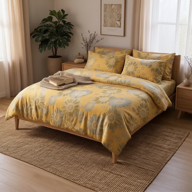 Vintage Sunflower Orange Bedding Set bedding Bedding Set Bedroom Boho Style Botanical Pattern Breathable Cotton Linen Look Decorative Bolster Duvet Cover Set Everyday Use Farmhouse Decor Floral Print Goldenrod Bedding Guest Room Home Decor Natural Fiber Look Nature Inspired newin260715 Soft Touch Vintage Inspired