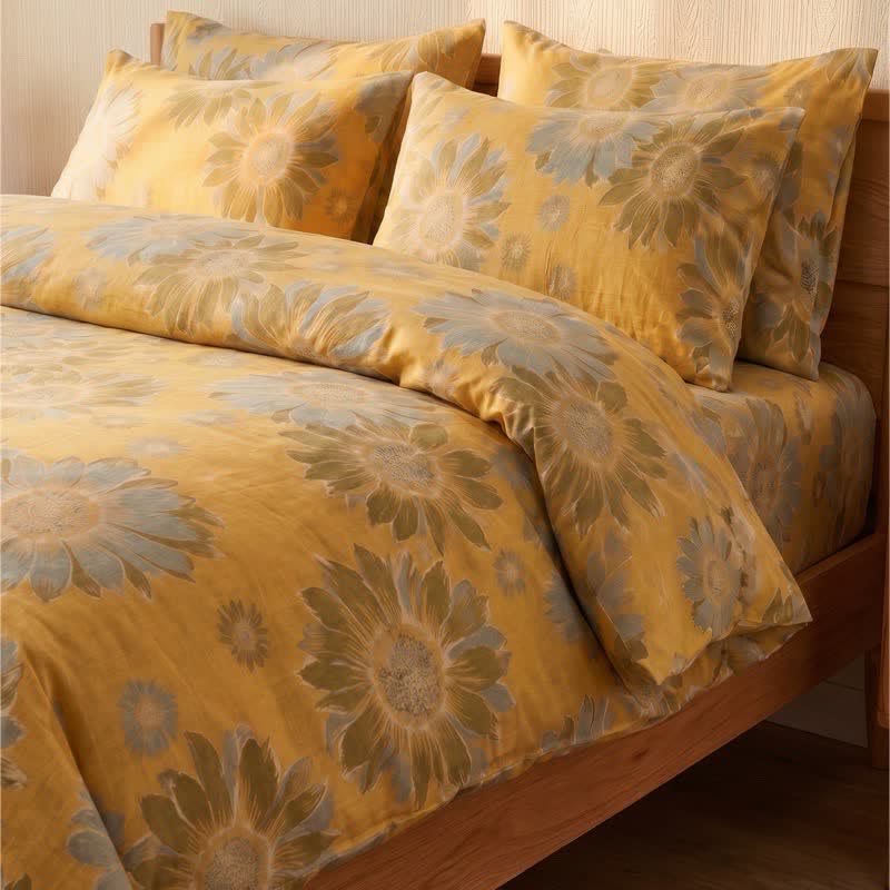 Vintage Sunflower Orange Bedding Set bedding Bedding Set Bedroom Boho Style Botanical Pattern Breathable Cotton Linen Look Decorative Bolster Duvet Cover Set Everyday Use Farmhouse Decor Floral Print Goldenrod Bedding Guest Room Home Decor Natural Fiber Look Nature Inspired newin260715 Soft Touch Vintage Inspired