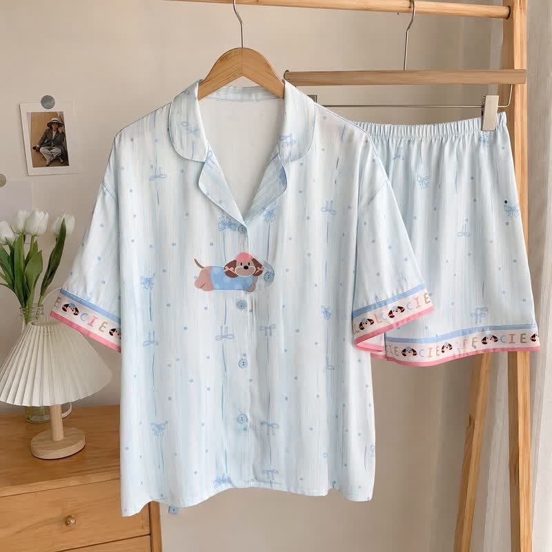 Sky Blue Puppy Print Pajama Set 121-140 GSM 2XL Breathable Fabric Button-Up Front Cartoon Print Casual Homewear Cooling Feel Dog Motif Elastic Waist Ice Silk INS Aesthetic IP Inspired Kawaii Style L Light Blue Lightweight Loose Fit Loungewear M newin260717 Nightwear Pajama Roomwear Set Shantou Origin Short Sleeve Shorts Sleepwear Soft Touch Striped Shorts Summer Teen Girl Turn-Down Collar women XL Youth