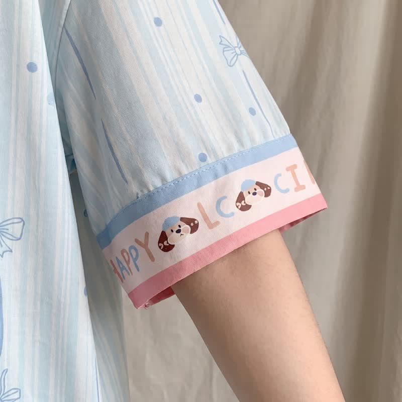Sky Blue Puppy Print Pajama Set 121-140 GSM 2XL Breathable Fabric Button-Up Front Cartoon Print Casual Homewear Cooling Feel Dog Motif Elastic Waist Ice Silk INS Aesthetic IP Inspired Kawaii Style L Light Blue Lightweight Loose Fit Loungewear M newin260717 Nightwear Pajama Roomwear Set Shantou Origin Short Sleeve Shorts Sleepwear Soft Touch Striped Shorts Summer Teen Girl Turn-Down Collar women XL Youth