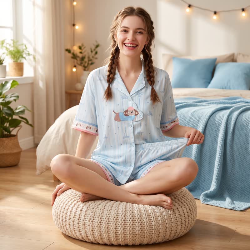 Sky Blue Puppy Print Pajama Set 121-140 GSM 2XL Breathable Fabric Button-Up Front Cartoon Print Casual Homewear Cooling Feel Dog Motif Elastic Waist Ice Silk INS Aesthetic IP Inspired Kawaii Style L Light Blue Lightweight Loose Fit Loungewear M newin260717 Nightwear Pajama Roomwear Set Shantou Origin Short Sleeve Shorts Sleepwear Soft Touch Striped Shorts Summer Teen Girl Turn-Down Collar women XL Youth