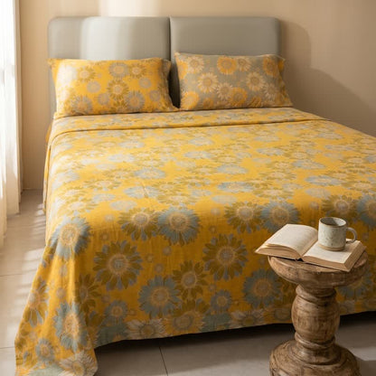 Sunflower Garden Cotton Gauze Bedspread bedding Bedding Set Bedroom Bedspread Set Botanical Pattern Breathable Cottagecore Style Cotton Linen Look Everyday Use Farmhouse Decor Floral Print Goldenrod Bedding Guest Room Styling Home Decor Lightweight Look Matte Finish Natural Fiber Look Nature Inspired newin260717 Rectangular Pillowcases Scandinavian Inspired Spring Bedding Summer Bedroom Decor Sunflower Print Textured Fabric Look Warm Yellow Palette