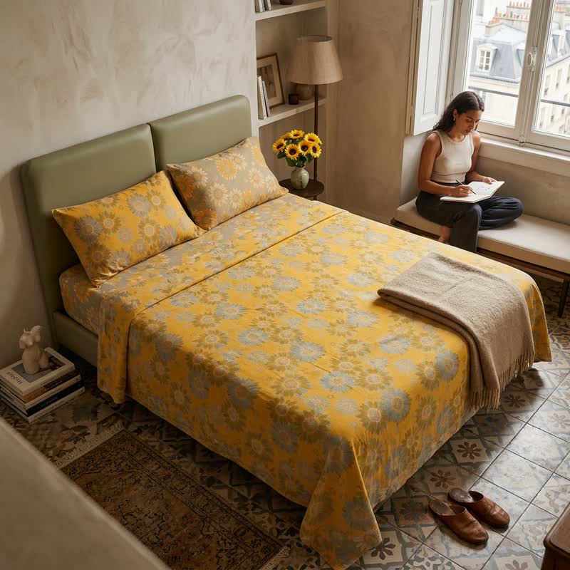 Sunflower Garden Cotton Gauze Bedspread bedding Bedding Set Bedroom Bedspread Set Botanical Pattern Breathable Cottagecore Style Cotton Linen Look Everyday Use Farmhouse Decor Floral Print Goldenrod Bedding Guest Room Styling Home Decor Lightweight Look Matte Finish Natural Fiber Look Nature Inspired newin260717 Rectangular Pillowcases Scandinavian Inspired Spring Bedding Summer Bedroom Decor Sunflower Print Textured Fabric Look Warm Yellow Palette