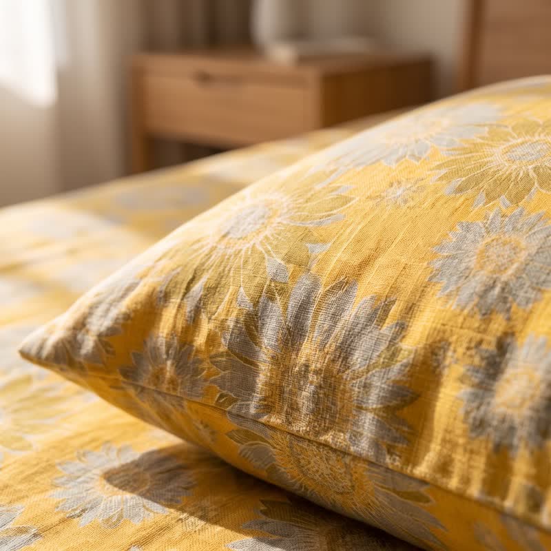 Sunflower Garden Cotton Gauze Bedspread bedding Bedding Set Bedroom Bedspread Set Botanical Pattern Breathable Cottagecore Style Cotton Linen Look Everyday Use Farmhouse Decor Floral Print Goldenrod Bedding Guest Room Styling Home Decor Lightweight Look Matte Finish Natural Fiber Look Nature Inspired newin260717 Rectangular Pillowcases Scandinavian Inspired Spring Bedding Summer Bedroom Decor Sunflower Print Textured Fabric Look Warm Yellow Palette