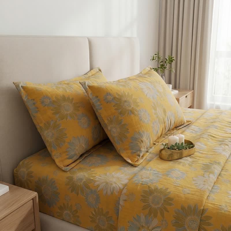 Sunflower Garden Cotton Gauze Bedspread bedding Bedding Set Bedroom Bedspread Set Botanical Pattern Breathable Cottagecore Style Cotton Linen Look Everyday Use Farmhouse Decor Floral Print Goldenrod Bedding Guest Room Styling Home Decor Lightweight Look Matte Finish Natural Fiber Look Nature Inspired newin260717 Rectangular Pillowcases Scandinavian Inspired Spring Bedding Summer Bedroom Decor Sunflower Print Textured Fabric Look Warm Yellow Palette