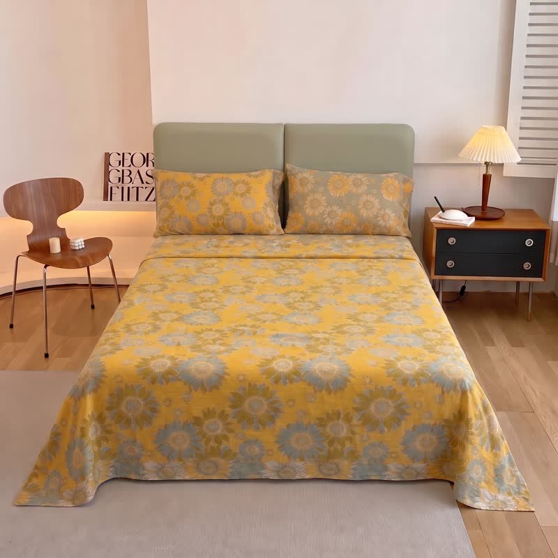 Sunflower Garden Cotton Gauze Bedspread bedding Bedding Set Bedroom Bedspread Set Botanical Pattern Breathable Cottagecore Style Cotton Linen Look Everyday Use Farmhouse Decor Floral Print Goldenrod Bedding Guest Room Styling Home Decor Lightweight Look Matte Finish Natural Fiber Look Nature Inspired newin260717 Rectangular Pillowcases Scandinavian Inspired Spring Bedding Summer Bedroom Decor Sunflower Print Textured Fabric Look Warm Yellow Palette