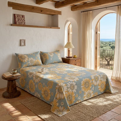 Sunflower Garden Cotton Gauze Bedspread bedding Bedding Set Bedroom Bedspread Set Botanical Pattern Breathable Cottagecore Style Cotton Linen Look Everyday Use Farmhouse Decor Floral Print Goldenrod Bedding Guest Room Styling Home Decor Lightweight Look Matte Finish Natural Fiber Look Nature Inspired newin260717 Rectangular Pillowcases Scandinavian Inspired Spring Bedding Summer Bedroom Decor Sunflower Print Textured Fabric Look Warm Yellow Palette