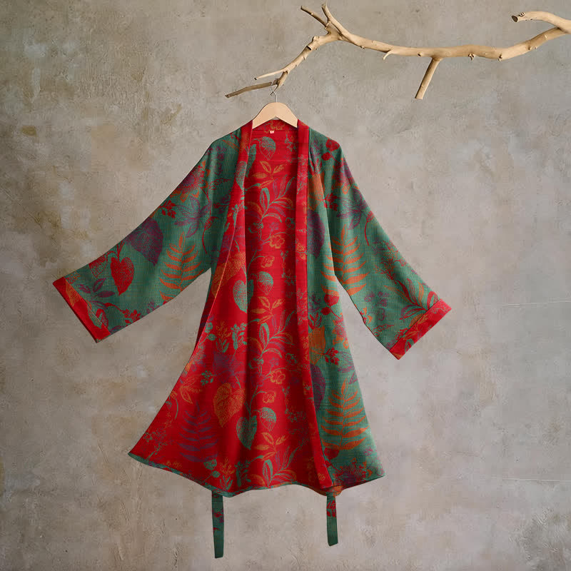 Retro Leaf Jacquard Cotton Kimono Robe