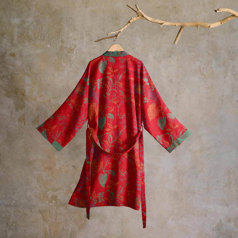 Retro Leaf Jacquard Cotton Kimono Robe