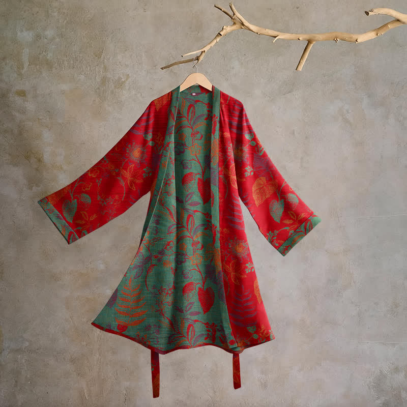 Retro Leaf Jacquard Cotton Kimono Robe