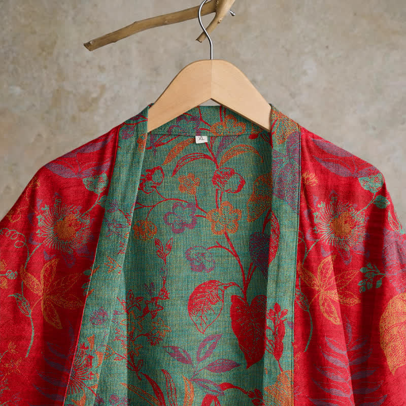 Retro Leaf Jacquard Cotton Kimono Robe