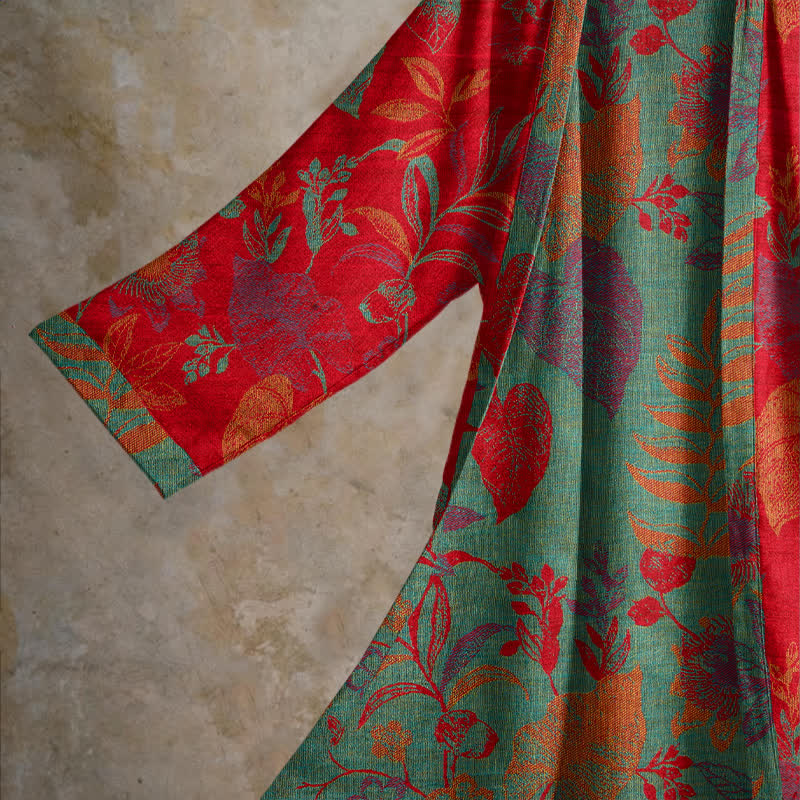 Retro Leaf Jacquard Cotton Kimono Robe