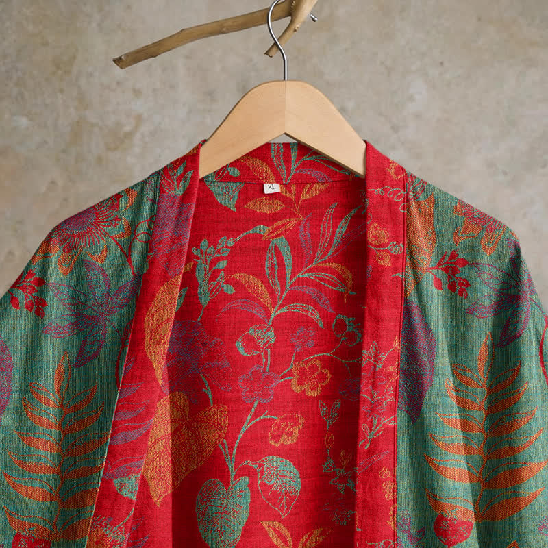 Retro Leaf Jacquard Cotton Kimono Robe