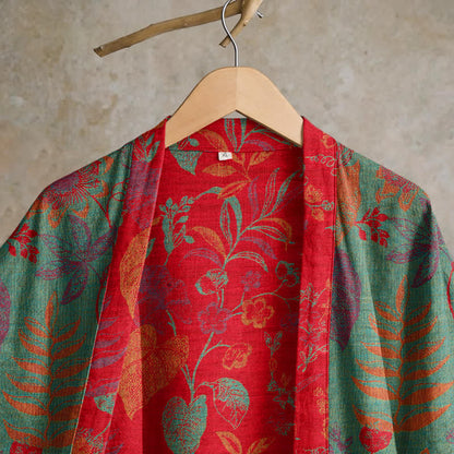 Retro Leaf Jacquard Cotton Kimono Robe