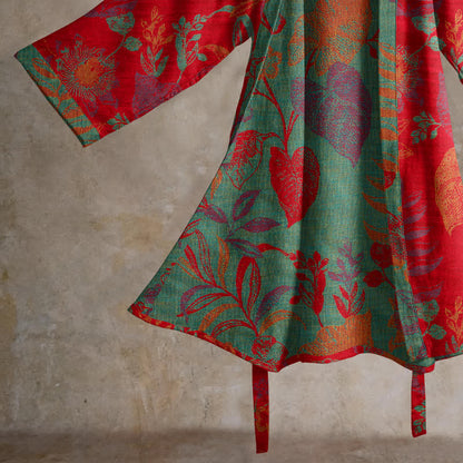 Retro Leaf Jacquard Cotton Kimono Robe