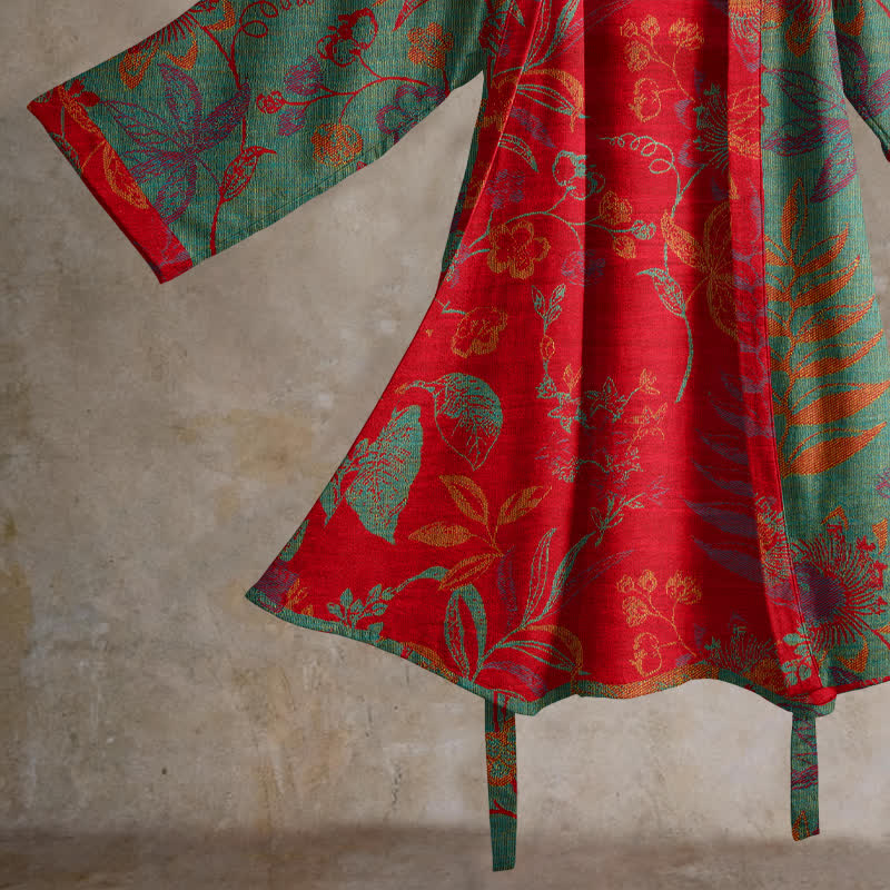 Retro Leaf Jacquard Cotton Kimono Robe