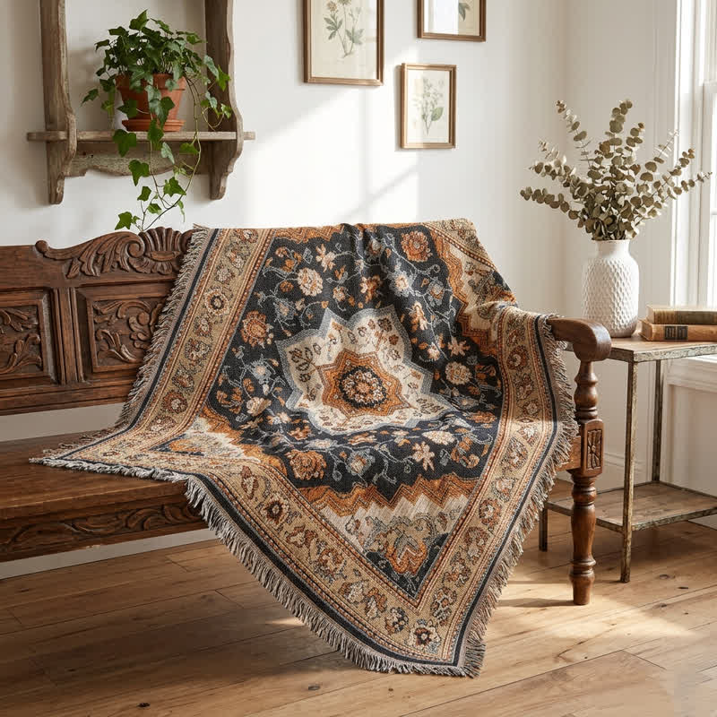 Retro Persian Floral Medallion Fringed Throw Blanket