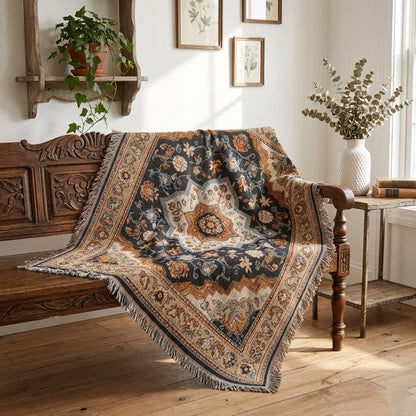 Retro Persian Floral Medallion Fringed Throw Blanket