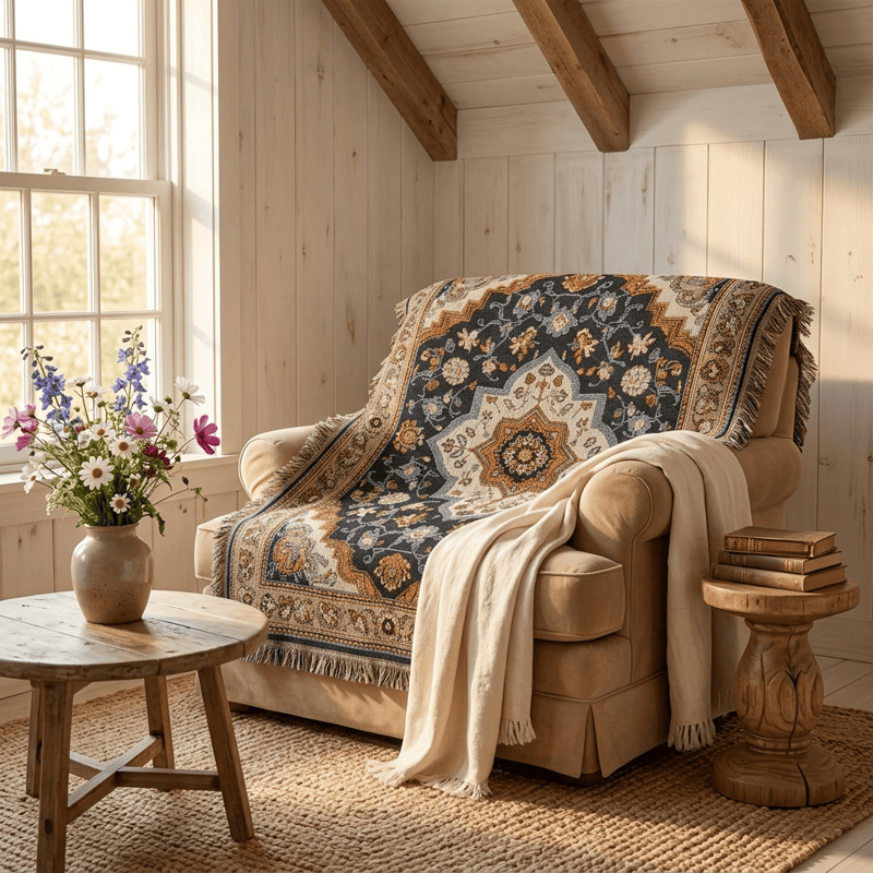 Retro Persian Floral Medallion Fringed Throw Blanket