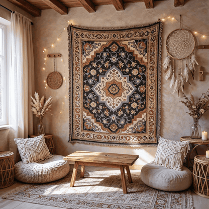 Retro Persian Floral Medallion Fringed Throw Blanket