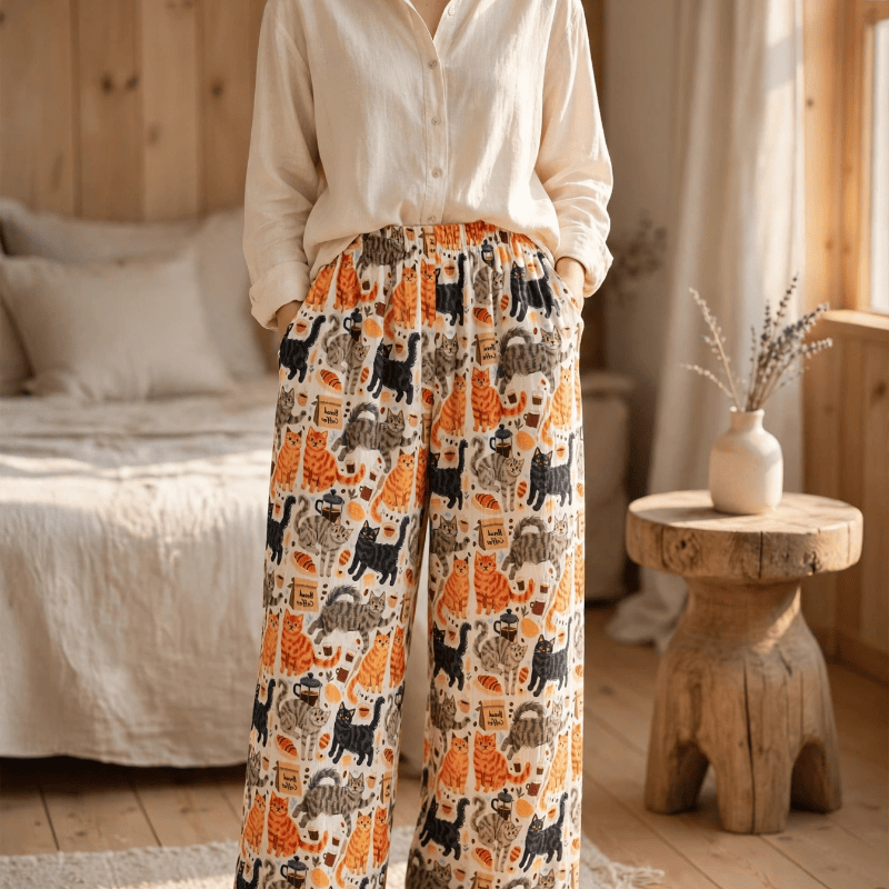 Cartoon Orange Cat Cotton Gauge Lounge Pants