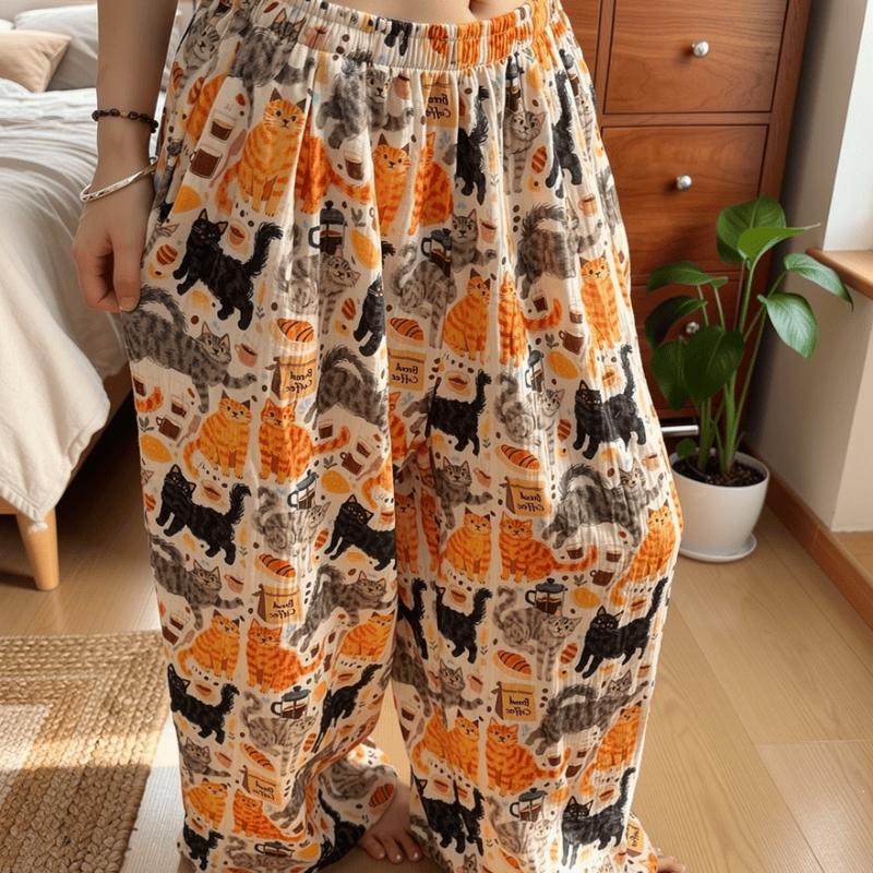 Cartoon Orange Cat Cotton Gauge Lounge Pants