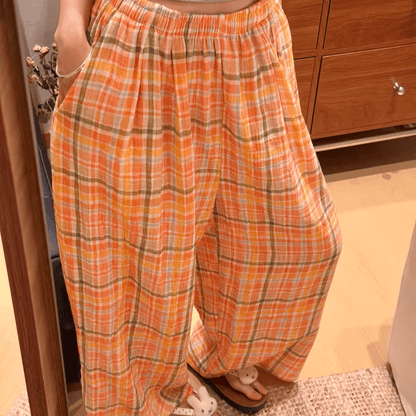 Orange‑Soda Plaid Cotton Gauge Lounge Pants
