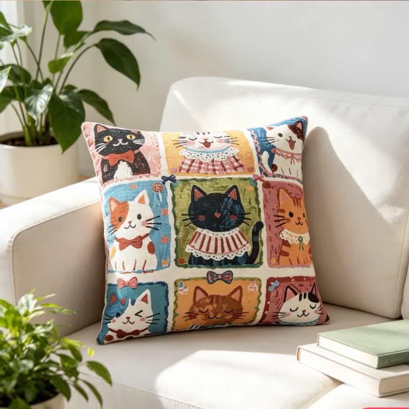 Whimsical Multi‑Kitten Grid Illustration Cotton Pillow