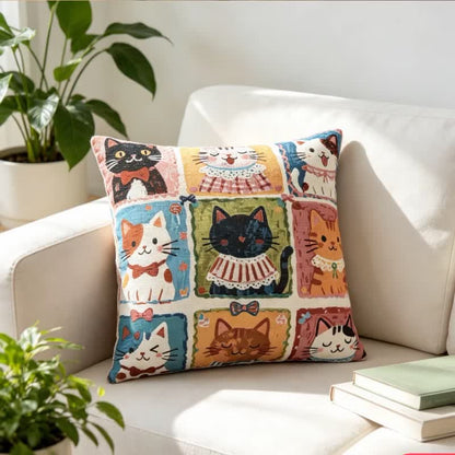 Whimsical Multi‑Kitten Grid Illustration Cotton Pillow