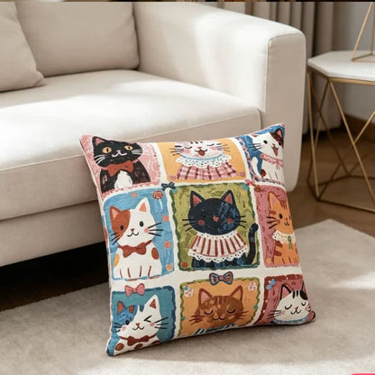 Whimsical Multi‑Kitten Grid Illustration Cotton Pillow