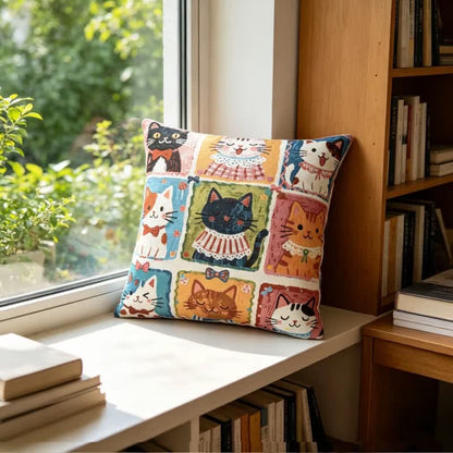 Whimsical Multi‑Kitten Grid Illustration Cotton Pillow