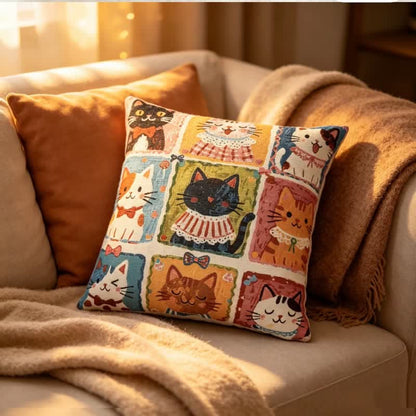 Whimsical Multi‑Kitten Grid Illustration Cotton Pillow