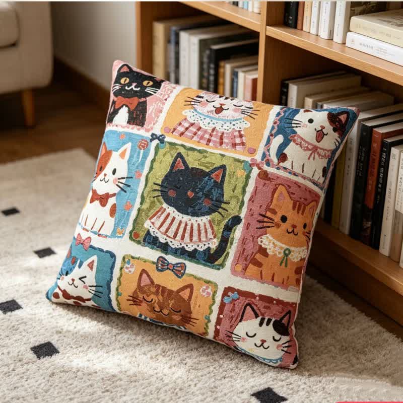 Whimsical Multi‑Kitten Grid Illustration Cotton Pillow
