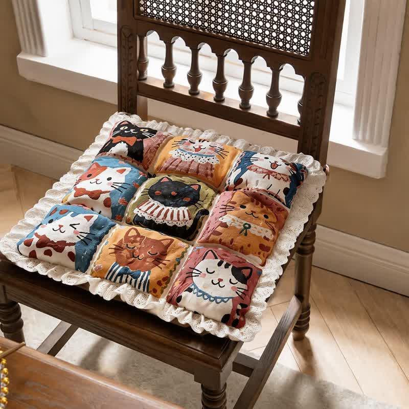 Lace‑Trim Grid‑Cat Cotton Chair Cushion