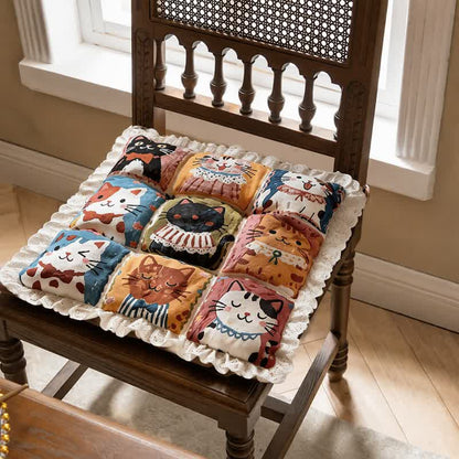 Lace‑Trim Grid‑Cat Cotton Chair Cushion