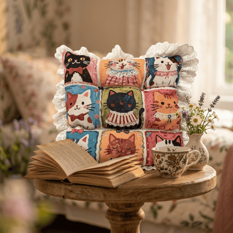 Lace‑Trim Grid‑Cat Cotton Chair Cushion