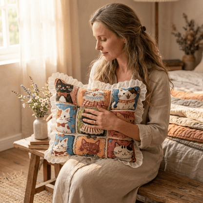 Lace‑Trim Grid‑Cat Cotton Chair Cushion