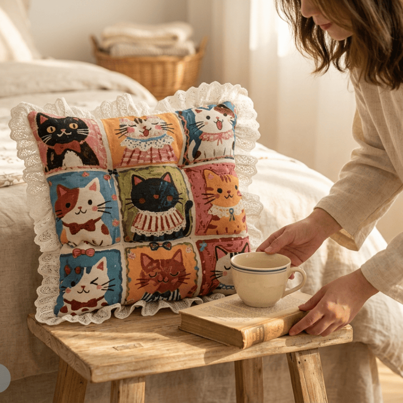 Lace‑Trim Grid‑Cat Cotton Chair Cushion