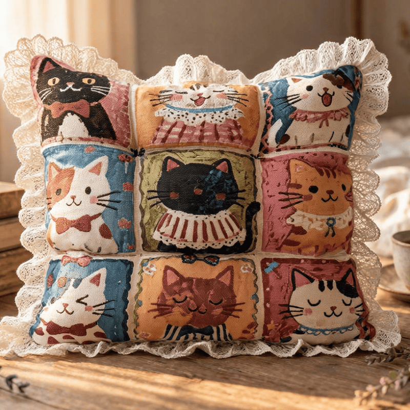 Lace‑Trim Grid‑Cat Cotton Chair Cushion